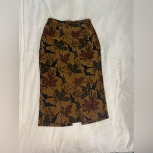 VTG Stonebridge Boho Maxi Skirt Leaf Brown Navy Gold Earthy Aesthetic Slit 8P